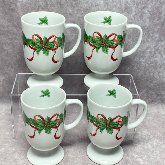 4 Vintage Footed Christmas Mugs Berries & Bows Pattern Cups by Wicks N' Sticks - Picture 1 of 9